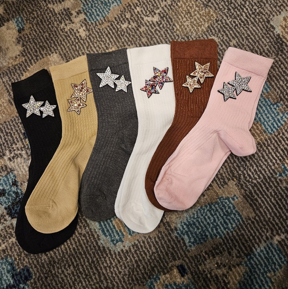 Crew Socks w/Crystal Stars in Black, White, Pink, Tan or Rust - Picture 3 of 4